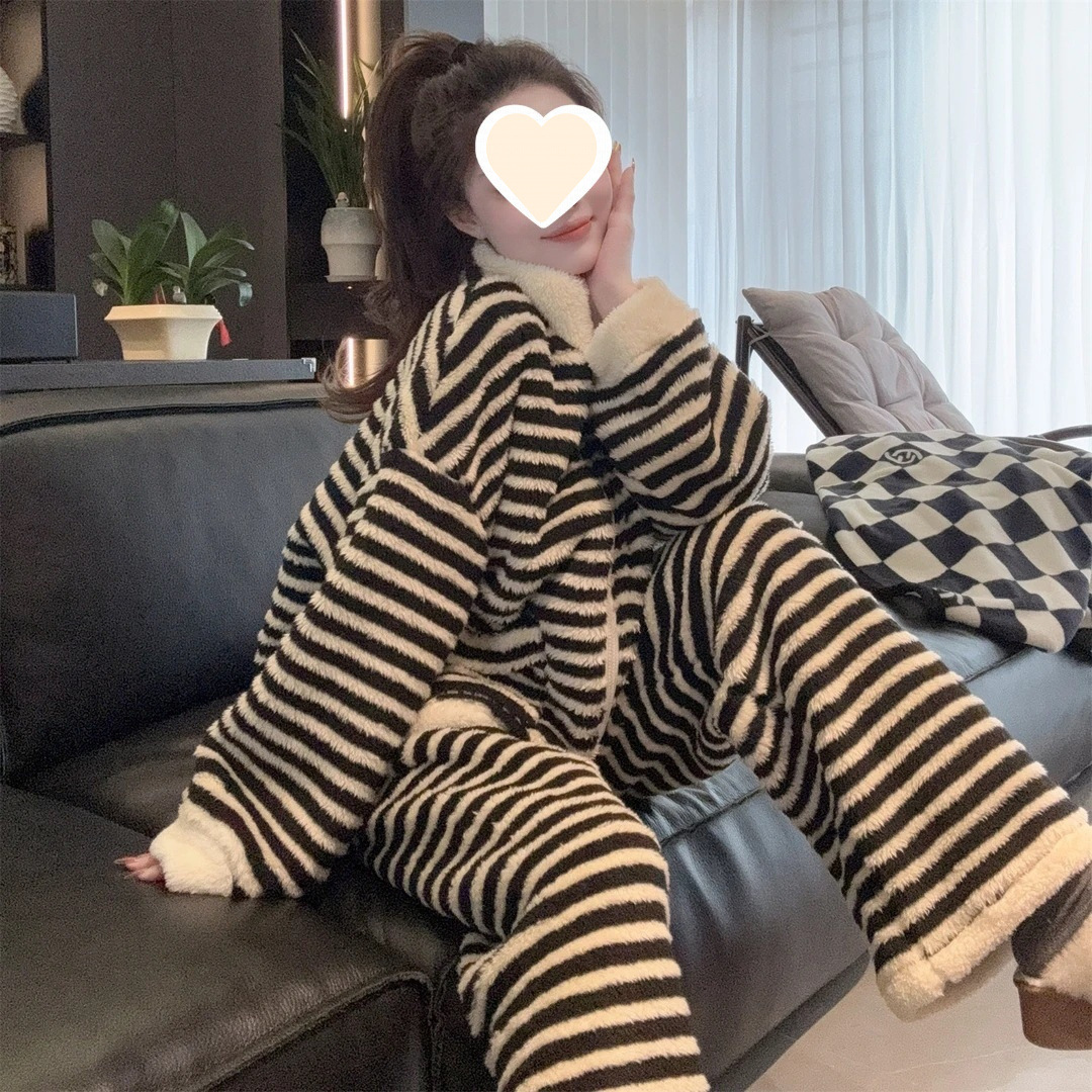 套装加厚加绒珊瑚绒外套女冬季新款简约风条纹睡衣外穿200斤上衣