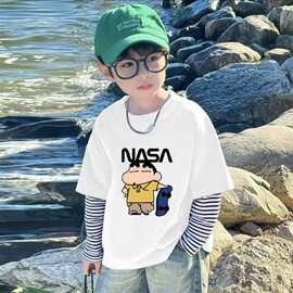 男童卡通印花体恤宝宝拼接条纹长袖体恤中大童春秋纯棉打底上衣潮