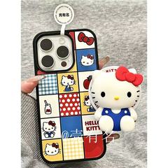彩宫格红苹果Kitty硅胶磁吸支架适用苹果16手机壳iPhone15/14/13