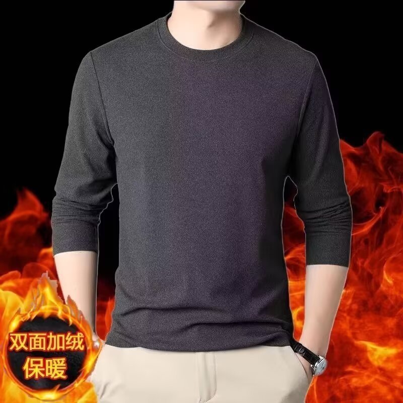 Suéter de base de terciopelo de doble cara para hombres con cuello redondo de terciopelo en invierno, ropa de otoño simple, talla grande, autocultivo, calentamiento y blusa interior