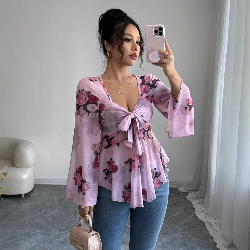 2026 Cross-Border European and American Amazon New Design French-Style Sweet Floral Tie-Dye Square-Neck Long-Sleeve Shirt