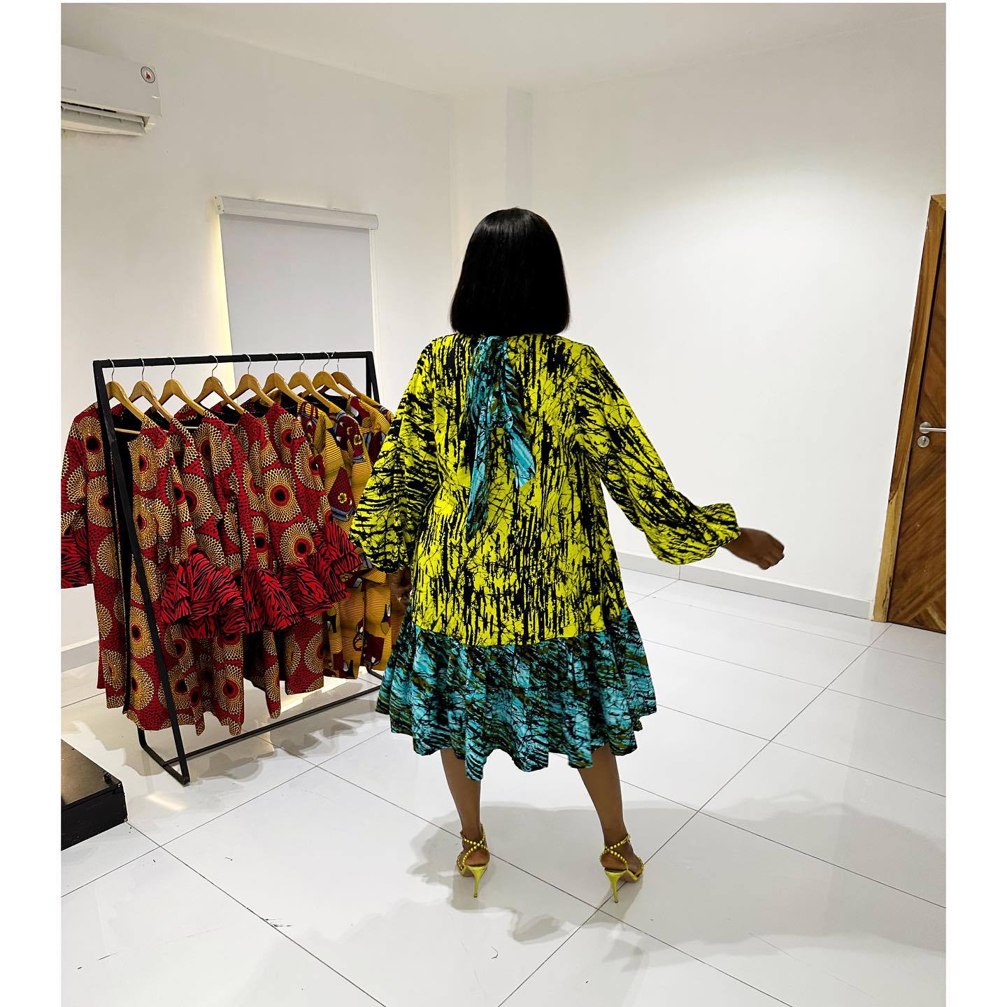 Printed Lace up Lantern Sleeve Loose Large Round Neck Dress