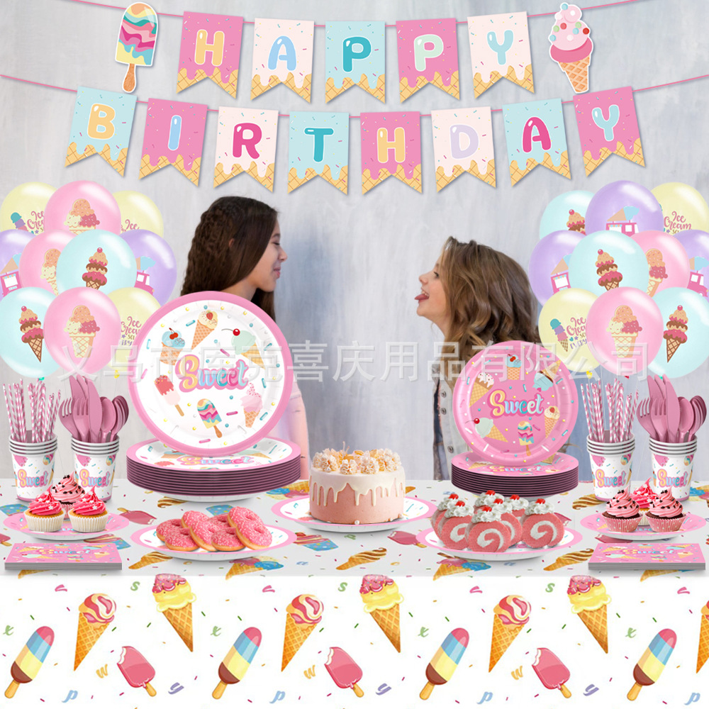 Verano helado postre tema plato desechable traje fiesta de cumpleaños de los niños plato de papel taza de papel decoración del tejido