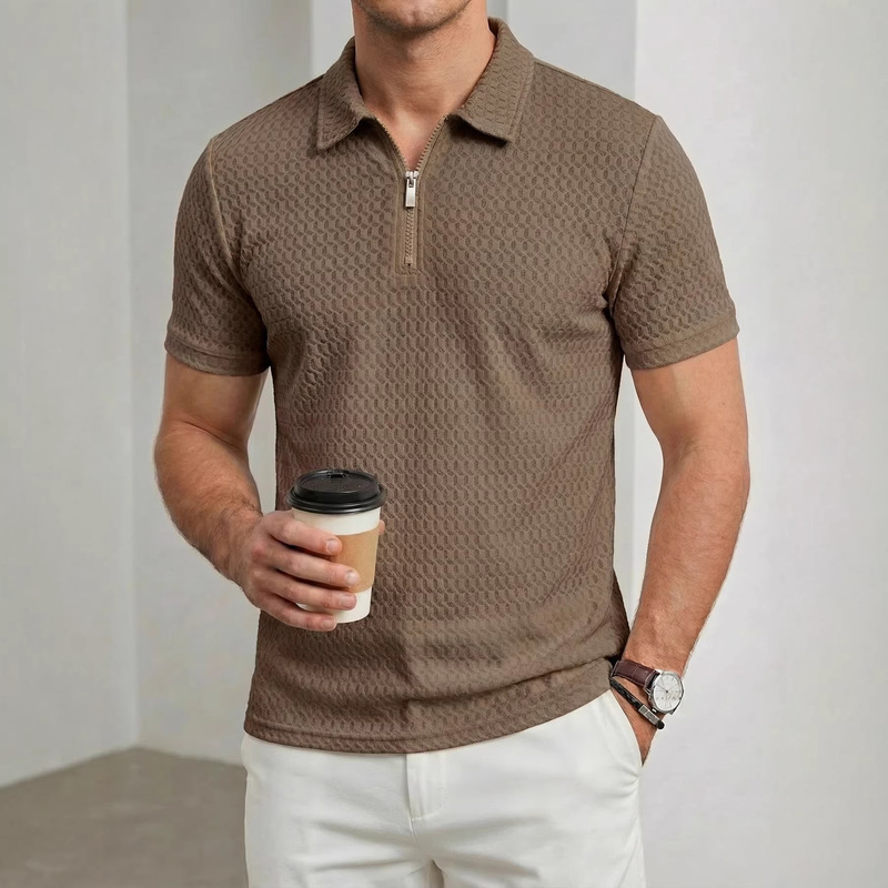 Cross-Border High-End Nylon Stretch Men's Polo Shirt with Zipper, Short Sleeves, Checkered Jacquard, Casual Sports Golf Polo Shirt