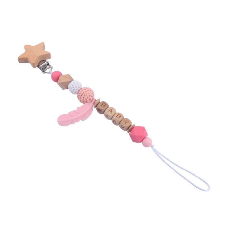 Nuevo DIY nombre del bebé calmante silicona pluma chupete anti-gota cadena bebé juguete haya animal chupete clip