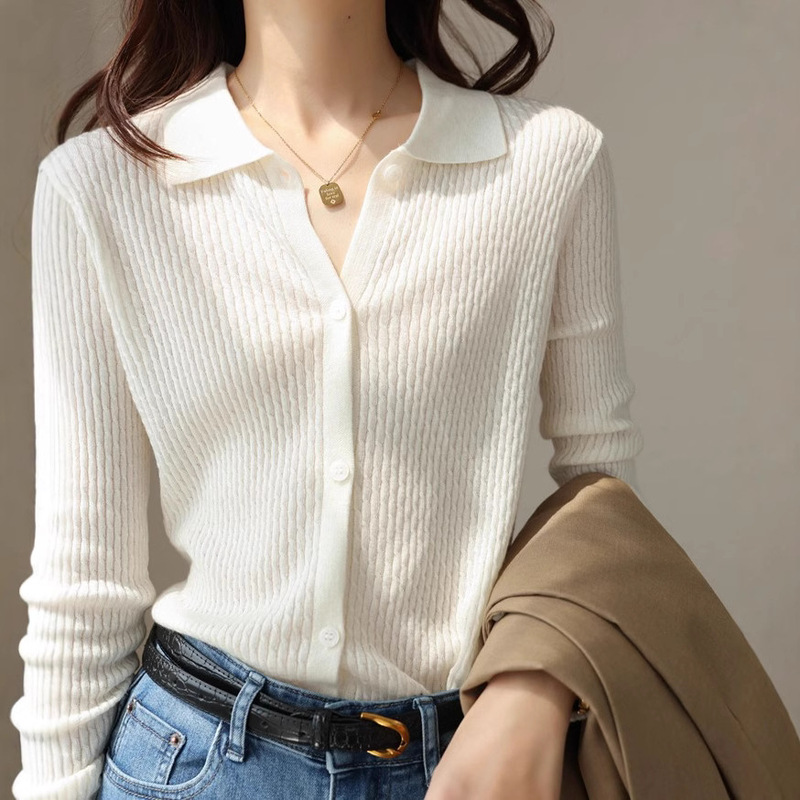 Commuting Style Fine Twisted Texture Wool Slim-fit Slimming Polo Lapel Knitted Cardigan Women's Early Autumn New
