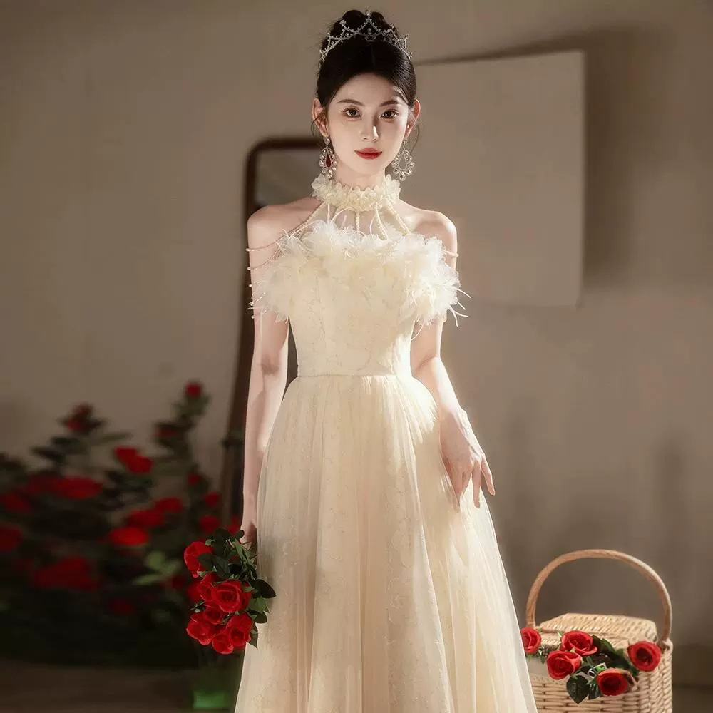 Elegant Champagne Colored Evening Gown New Style Long Dress For Women Suitable For Engagement Understated Luxury Ethereal Beauty_ecoleips.com
