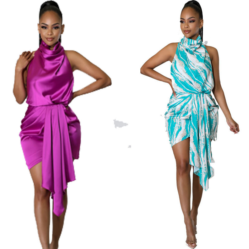 Verano elegante viajero vestido impreso europeo y americano cuello redondo sexy falda irregular seda de la leche verde dulce ropa mujer