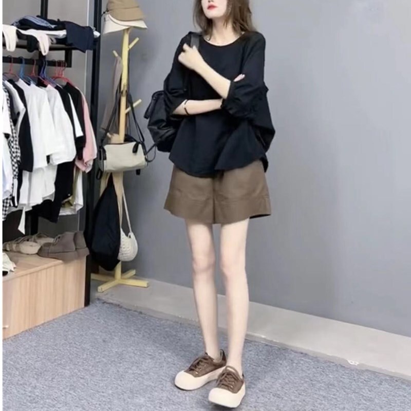 23367 Damei Ai Yuan 2025 Summer New Black Sunscreen Loose Top Casual Wide-Leg Shorts Women's Clothing