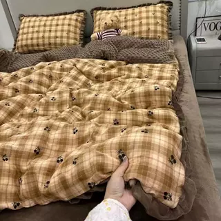 棉加绒a类全棉纯棉双层纱四件套豆豆绒牛奶绒秋冬季加厚床单被套