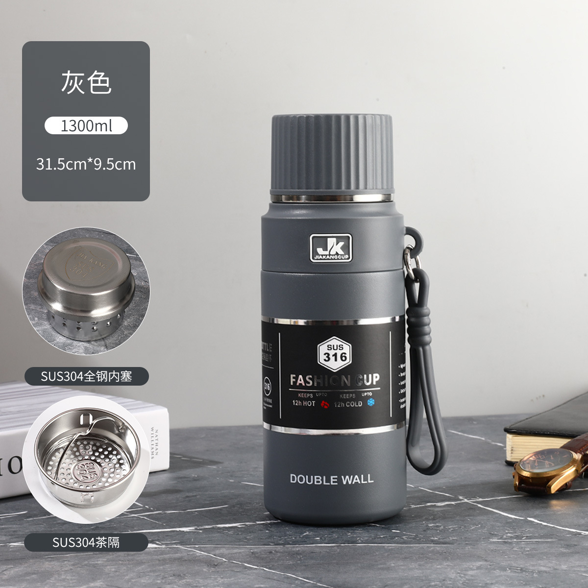 Taza de aislamiento térmico de acero inoxidable comercial con taza de agua al aire libre de gran capacidad para hacer té con tapa para beber hervidor de agua montado en automóviles