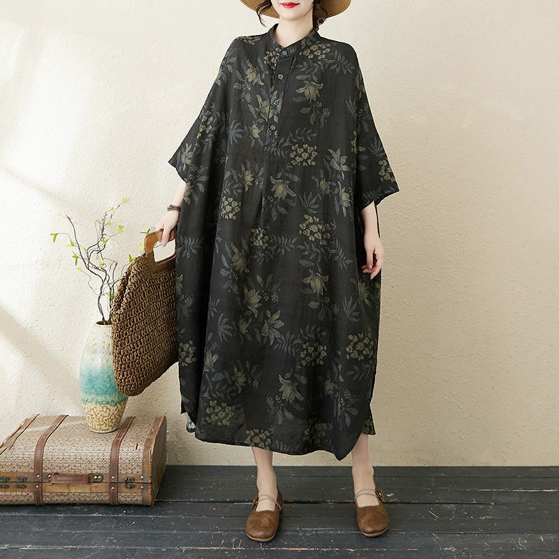 Новое элегантное литературно-ретро платье из хлопка и льна с принтом, свободного кроя, с воротником-стойкой, для отдыха, ранняя весна 2025 года
