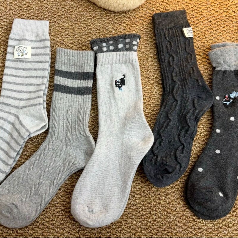 Autumn and Winter Thickened Warm Merino Wool Embroidered Soft Warm Striped Mid-Calf Socks Korean Style Polka Dot Socks Women's Slouch Socks