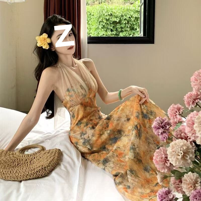 French-Style Oil Painting Print Backless Halter Neck Dress for Women, Summer Slim-Fit First Love Long Dress, Gentle Waist-Cinching A-Line Dress French-Style Oil Painting Print Backless Halter Neck Dress for Women, Summer Slim-Fit First Love Long Dress, Gentle Waist-Cinching A-Line Dress