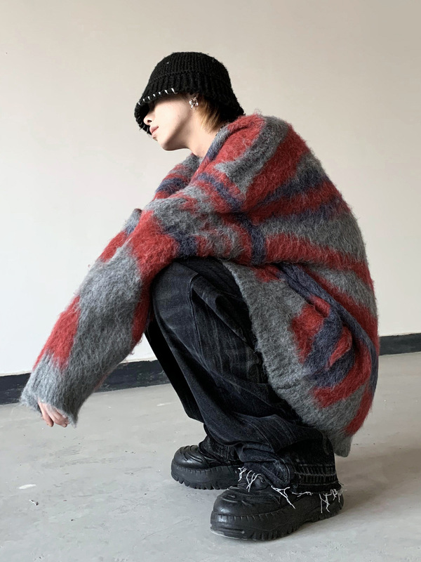 Mohair Color-block Irregular Stripe Gradient Sweater Men's American Street Lazy Style Sweater Coat Autumn and Winter Mohair Color-block Irregular Stripe Gradient Sweater Men's American Street Lazy Style Sweater Coat Autumn and Winter