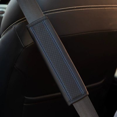 Seat belt shoulder pad Seat Belt Shoulder Cover Car - black-blue-thread-leather-pressed-square-65x23