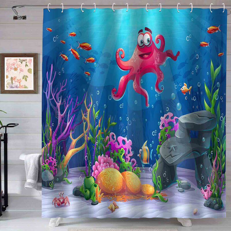 Cross-border Cartoon Cute Octopus Underwater World Printed Bathroom Partition Hanging Curtain Waterproof Polyester Shower Curtain Cloth Shower Curtain