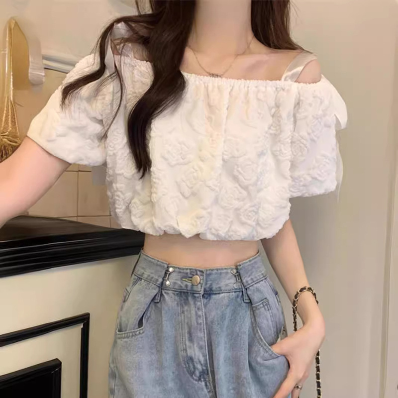 French Style off-shoulder Short-sleeved Shirt Women's Summer Design Niche Sweet Lace-up Short Puff Sleeve Top