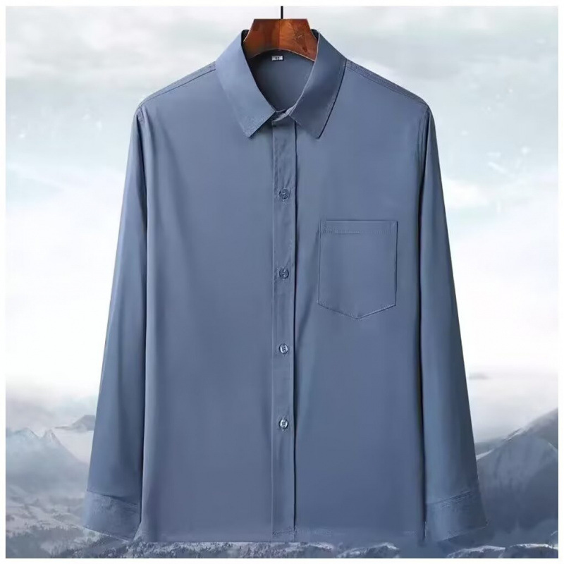 Spring and Summer Men's Shirts, Ice Silk Long-Sleeve Loose Tops for Middle-Aged and Elderly Men, Casual Solid Color Thin Shirts