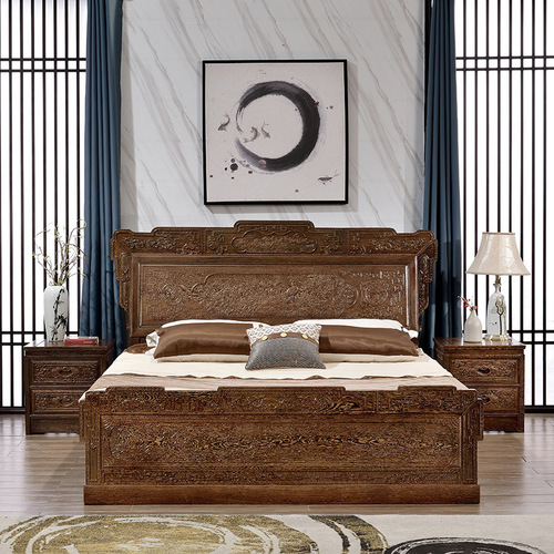 5YA1 mahogany furniture African chicken wing wood flower and bird bed 1.8m new Chinese style all solid wood bed 1.5m double bed