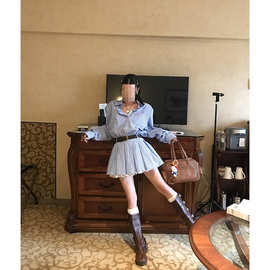 好好家 学院风蓝白衬衫连衣裙女春夏收腰显瘦百褶短裙子