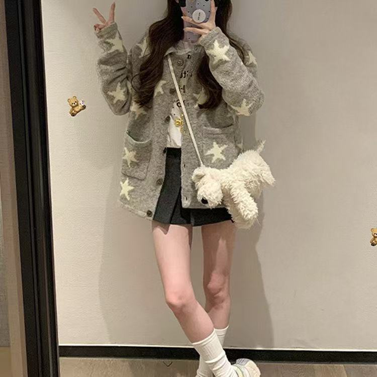 休闲慵懒风毛衣女外套设计感拼色五角星提花秋冬新款翻领针织开衫|undefined