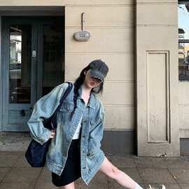 秋季新款复古蓝色水洗做旧宽松百搭休闲夹克牛仔外套上衣女潮