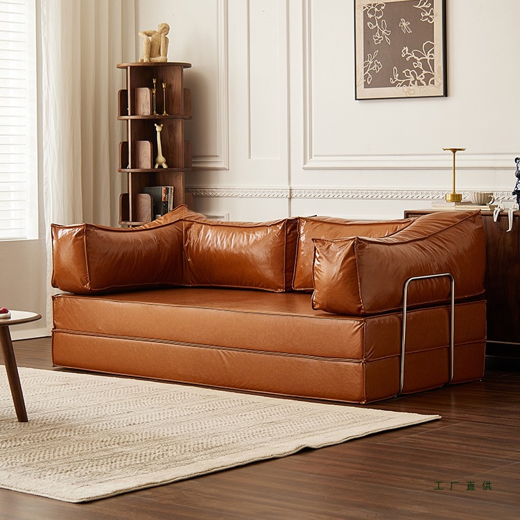 Oil Wax Leather Retro Style Antique Style Fabric Sofa Living Room Small Apartment Module Straight Sofa Double Three Person Sofa Bed