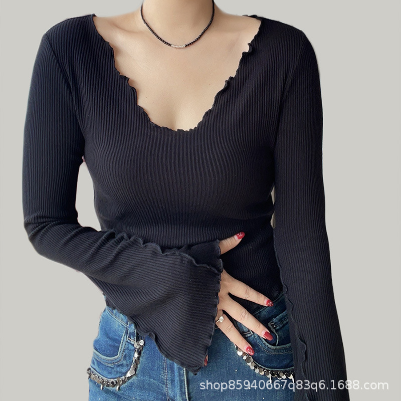 French High-Bottom U-Neck Lace Knitwear for Women 2024 Autumn and Winter Large Size Fat mm Elegant Inner Layering Shirt Top