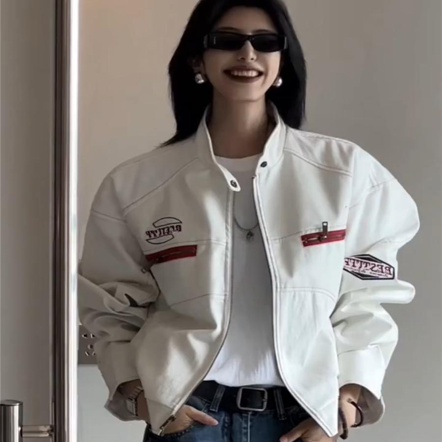Cross-Border American-Style Pu Leather Motorcycle Jacket for Women, Spring and Autumn New Embroidered Loose Versatile Short Jacket, Trendy White
