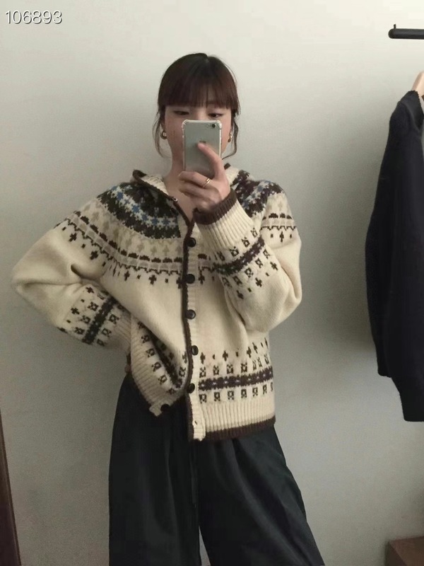 韩系费尔岛复古风撞色提花连帽针织开衫女秋冬新款软糯毛衣外套|undefined
