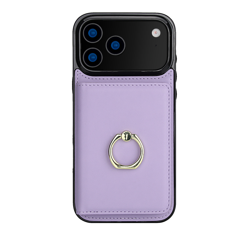 Cross-Border Applicable Iphone17 Pure Color Ring Card Holder Leather Case Samsung S25U Women's Card Holder Mobile Phone Case