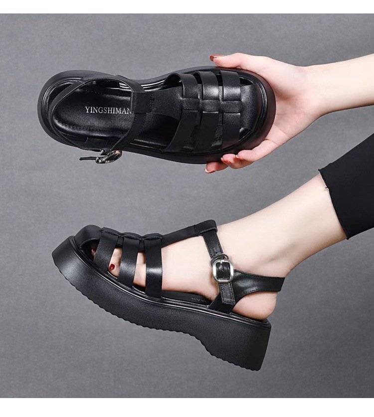 Dép sandal nữ đế dày da thật kiểu La Mã, mũi kín đan xương cá, đi biển mùa hè — Màu đen chi tiết 12