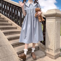 女童小清新連衣裙新款夏裝娃娃領收腰初中生裙子兒童裝日系連衣裙