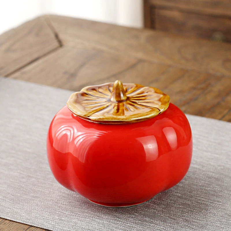 Ceramic Sugar Jar (Persimmon Ruyi) Persimmon Shape, Glazed Gift Box Options, 10×13.8 cm