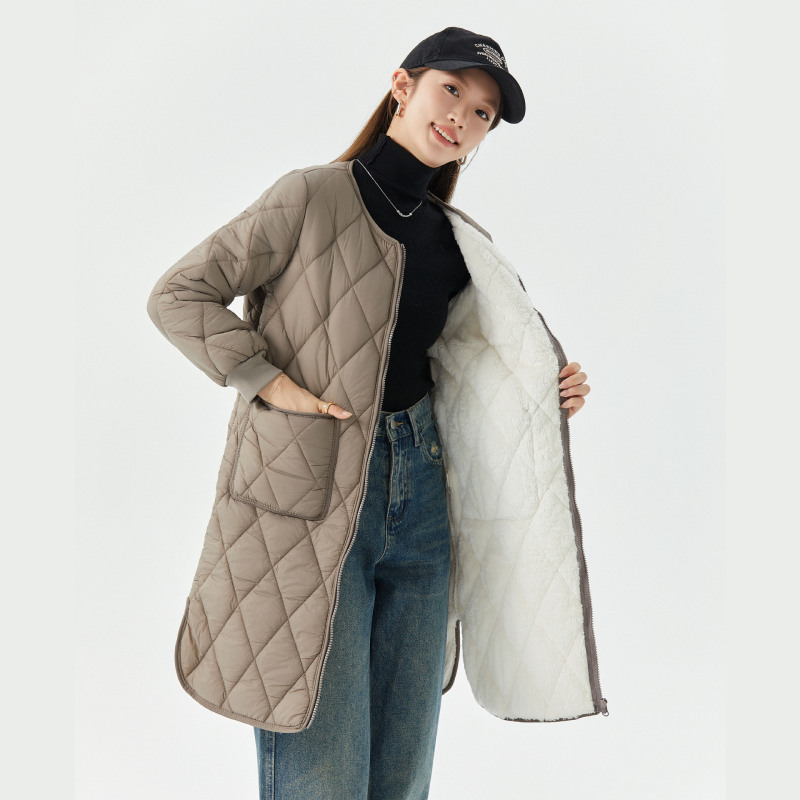 Women's thickened warm long-sleeved quilted women's home long cotton-padded coat cotton-padded coat fleece-lined one-piece sleeve with wool 2401