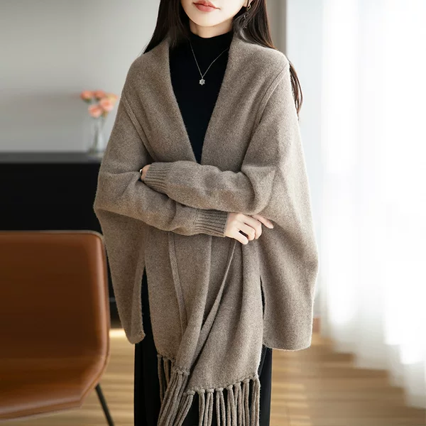 Manufacturer Wholesale 100% Wool Thickened High-End Tassel Shawl Cape Warm Cashmere Cardigan Large Quantity in Stock