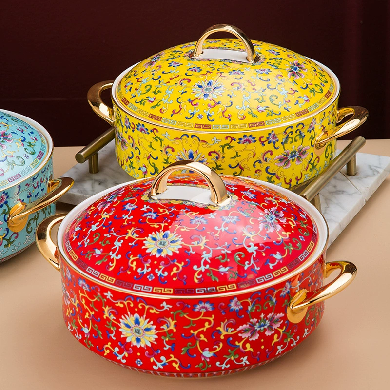 Эмалированная цветная большая миска с крышкой для супа Jingdezhen ретро переплетенный лотос Wanhua большая кастрюля для супа китайские миски с двумя ушками большая кастрюля для супа