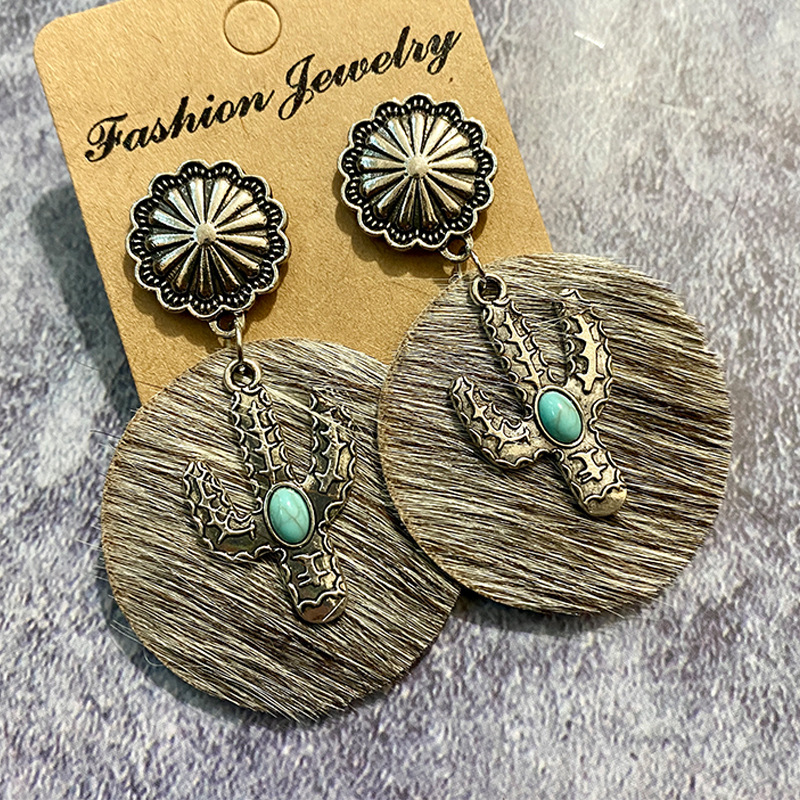 Cactus Pattern 1 Pair Bohemian Cactus Alloy Leather Inlay Turquoise Women's Drop Earrings
