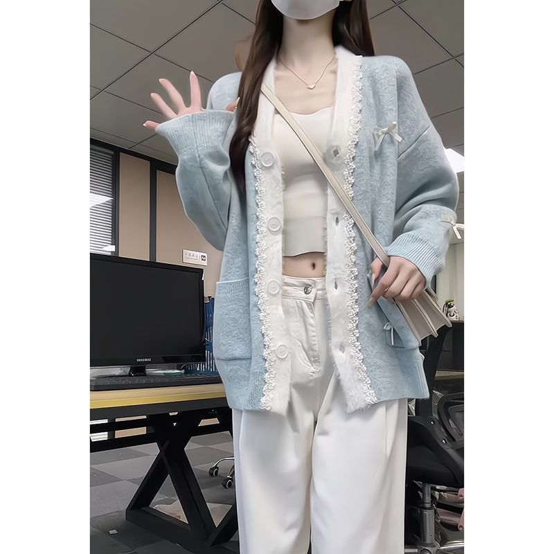 韩系蝴蝶结蕾丝边长袖针织开衫女2024秋冬甜美宽松中长款毛衣外套|undefined