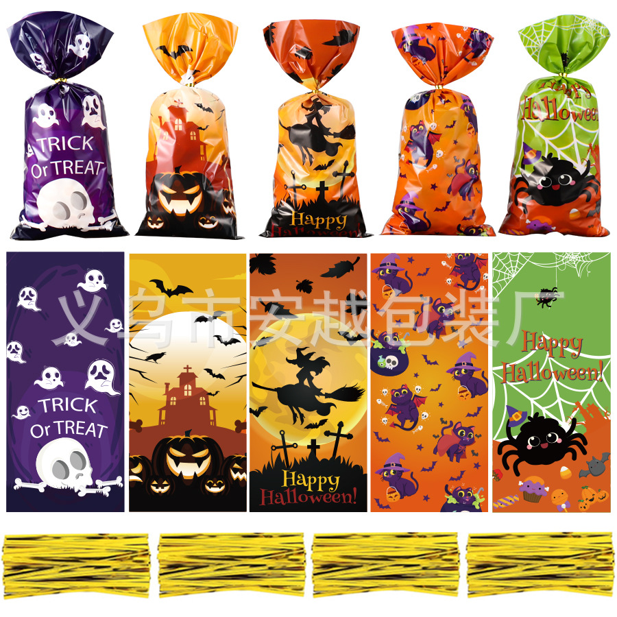 Nuevo en stock Halloween fantasma calabaza de dibujos animados OPP bolsa de bolsillo plana regalo de fiesta caramelo galleta bolsa de vidrio