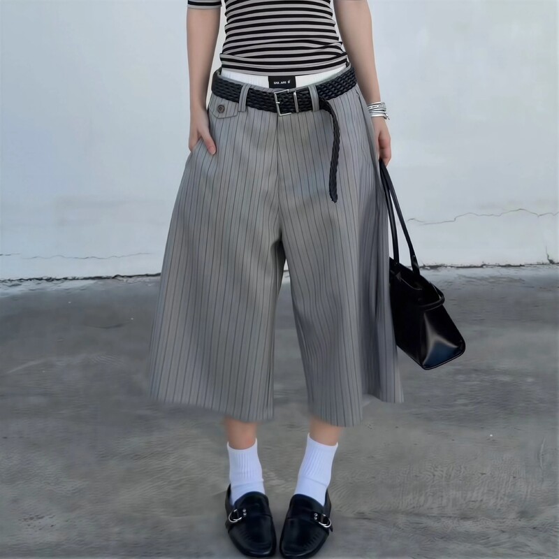 2026 Summer New Style Women's Old Money Style Gray Striped Patchwork Wide-Leg Pants High-Waisted Slimming Loose Casual Cropped Pants 2026 Summer New Style Women's Old Money Style Gray Striped Patchwork Wide-Leg Pants High-Waisted Slimming Loose Casual Cropped Pants