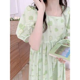 实拍2026夏季新款格子苹果短袖裙家居服泡泡袖睡衣可外穿送发圈