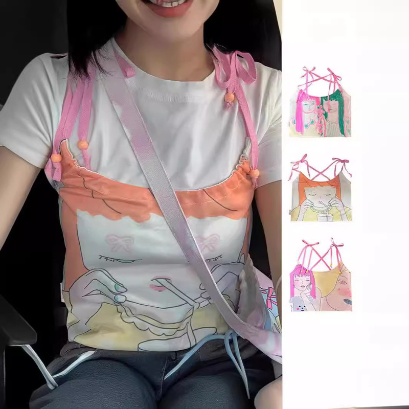 Illustration Personalized Printed Niche Cute Strap Stacked Strap Beaded Top New Summer 2024 Small Strap
