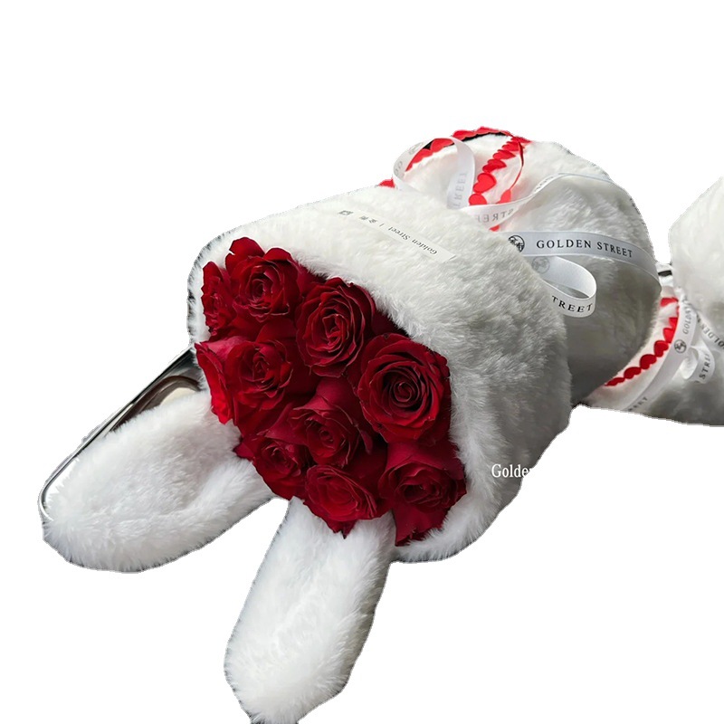 Material de tienda de flores pequeño estilo de fragancia Orejas de conejo de felpa Día de San Valentín conejo oreja tela de embalaje ramo redondo flor material de embalaje