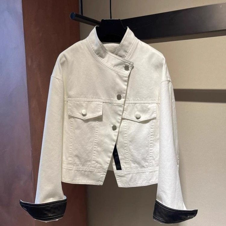 American retro white stand-up collar short denim jacket for women, spring and autumn, with a unique design, casual and versatile jacket top American retro white stand-up collar short denim jacket for women, spring and autumn, with a unique design, casual and versatile jacket top