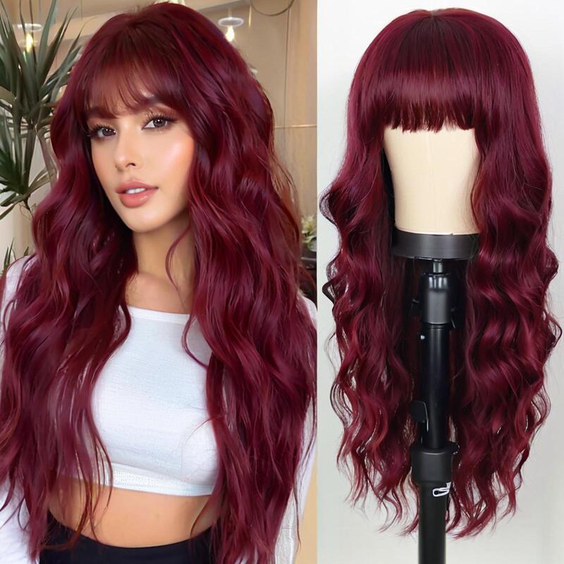 European and American Wigs for Women in Foreign Trade Hot-Selling Water Ripple Burgundy Long Curly Hair Air Bangs Chemical Fiber Full Head Ready for First Hair