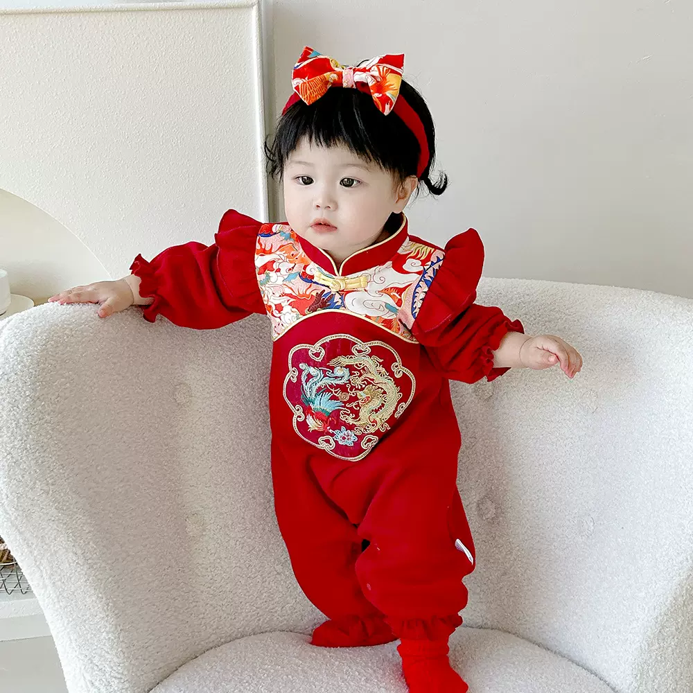 2025春季婴儿连体衣中国风周岁喜庆3922女宝宝春秋唐装新年拜年服