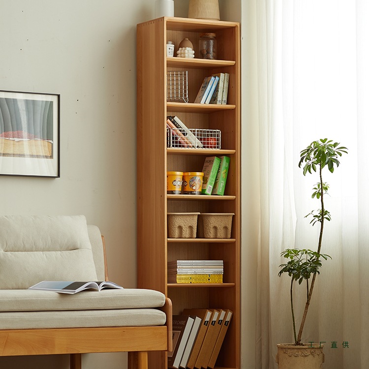 All Solid Wood Bookshelf Narrow Cabinet Beech Wood Standing Cabinet Floor-Standing Solid Wood Bookcase Narrow Gap Bookcase Storage Rack Natural Wood Cabinet