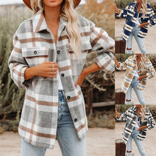  Amazon Autumn and Winter Women's Clothes Cross-border Europe and America Amazon Plaid Button Flannel Tweed Shirt Coat 